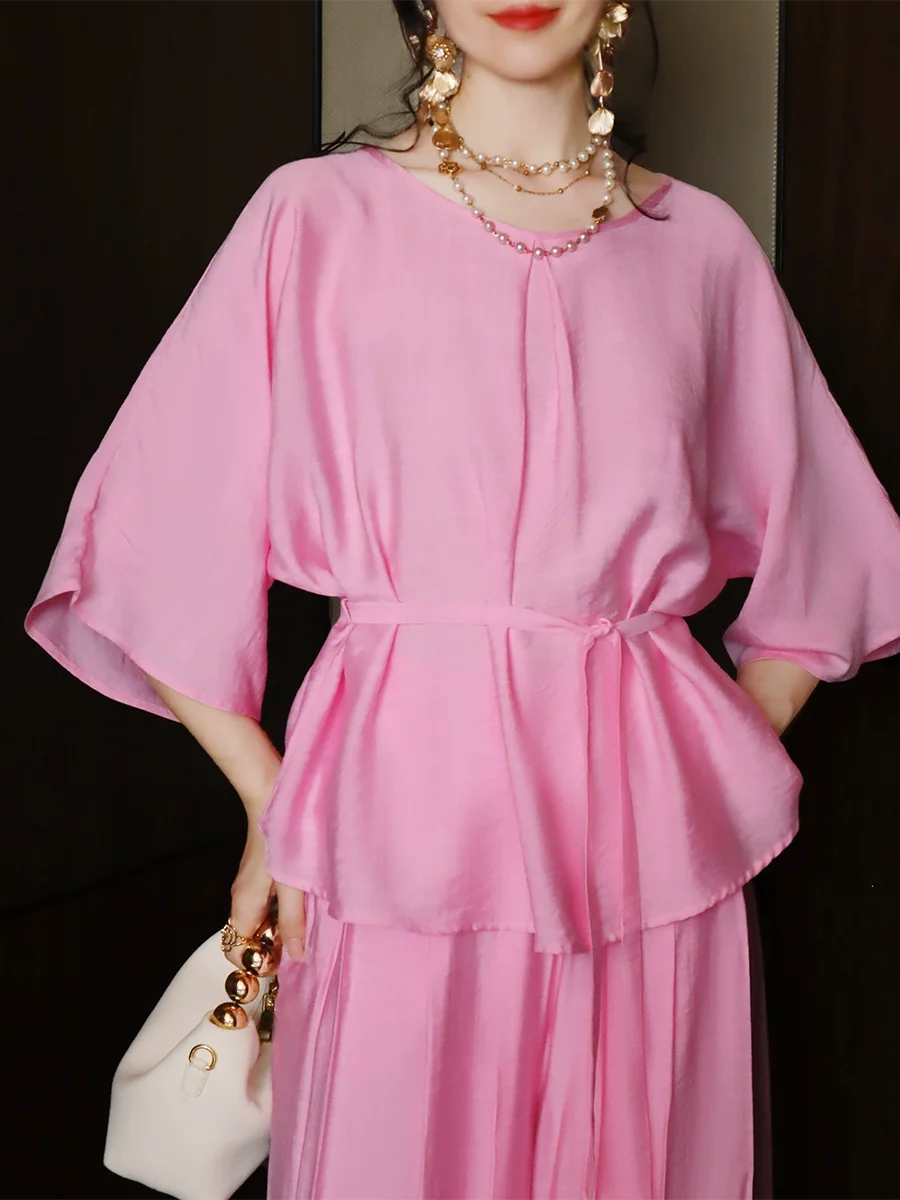 Solid Loose Two Piece Sets for Women Round Neck Half Sleeves Spliced Lace Up Top High Waist Wide Leg Pant Set Female