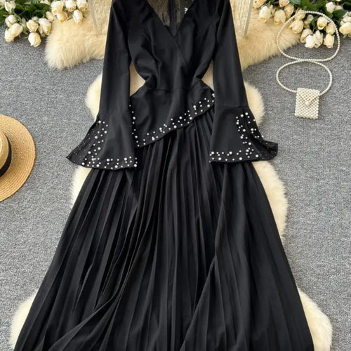 Load image into Gallery viewer, Black Slim High Waist V-neck Long Sleeved Bead Dress For Women 2024 Autumn French New Zipper Pleated Evening Party Dress Fashion
