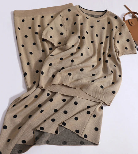 French Retro Summer Set Black Brown Polka Dot Round Neck Short Sleeved Knit T-shirt Top And High Waist Long Skirt Women Suit New