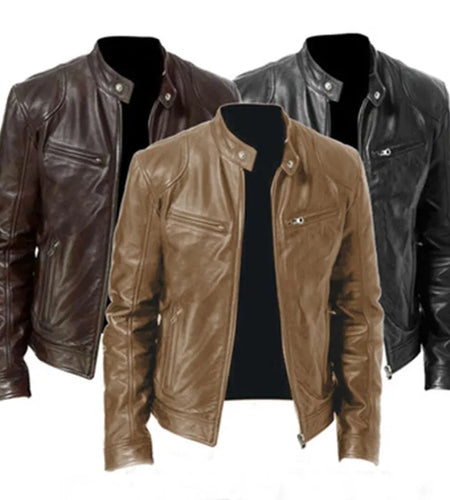 Motorcycle Jacket Mens Slim Fit Short-Coat Collar PU Jackets Winter Autumn Zipper Stand Windproof Leather Fashion Coat Plus Size