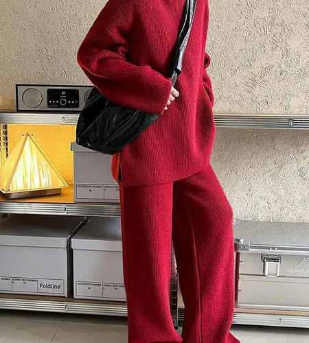 Red Big Size Sweater Wide Leg Pants Two Piece Suit New Turtleneck Long Sleeve Women Fashion Spring Autumn 2025 1DH8626