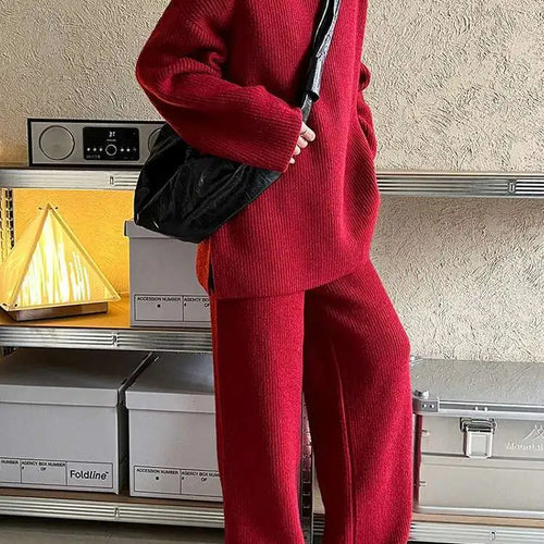 Load image into Gallery viewer, Red Big Size Sweater Wide Leg Pants Two Piece Suit New Turtleneck Long Sleeve Women Fashion Spring Autumn 2025 1DH8626
