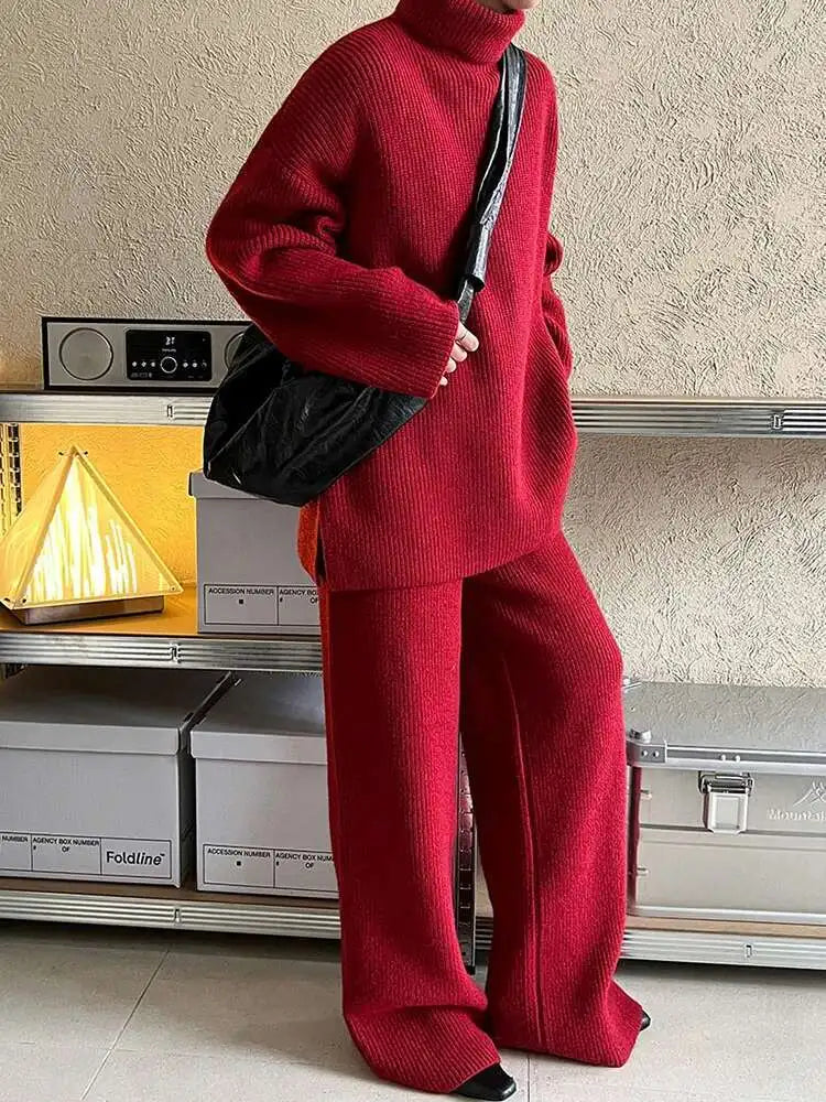 Red Big Size Sweater Wide Leg Pants Two Piece Suit New Turtleneck Long Sleeve Women Fashion Spring Autumn 2025 1DH8626