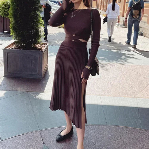 Load image into Gallery viewer, White Knit Two Piece Women Sets Fall Ribbed Crop Top And Pleated Knitted Skirt Suits For Women Midi Dress Sets 2022
