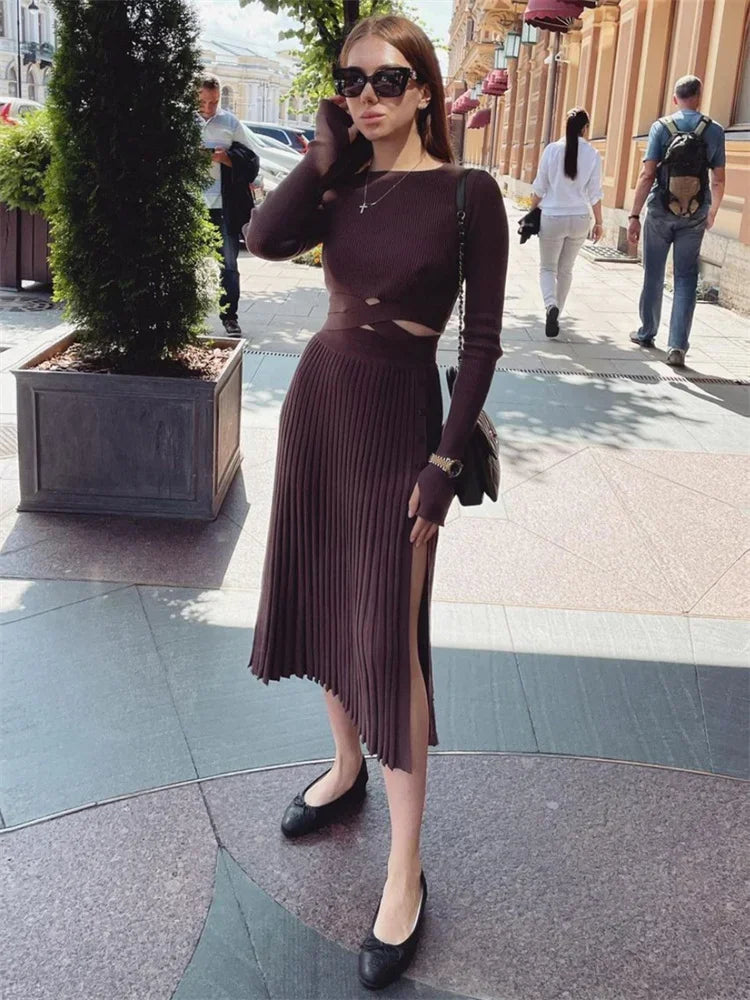 White Knit Two Piece Women Sets Fall Ribbed Crop Top And Pleated Knitted Skirt Suits For Women Midi Dress Sets 2022