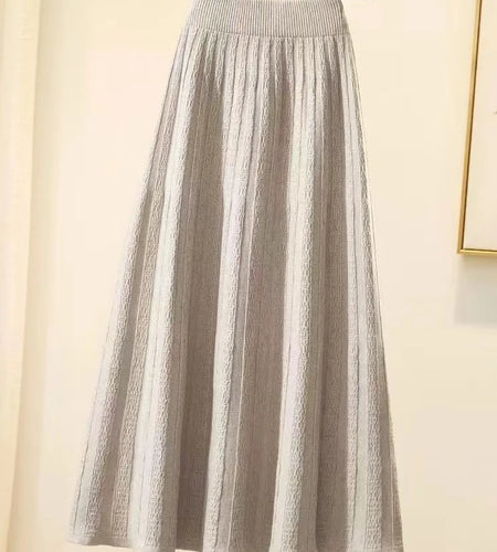 Autumn Winter New Elegant Slim Elastic High Waist A-line Skirt Solid Holiday Striped Big Swing Knitted Skirts Women Popular