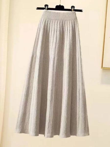 Autumn Winter New Elegant Slim Elastic High Waist A-line Skirt Solid Holiday Striped Big Swing Knitted Skirts Women Popular