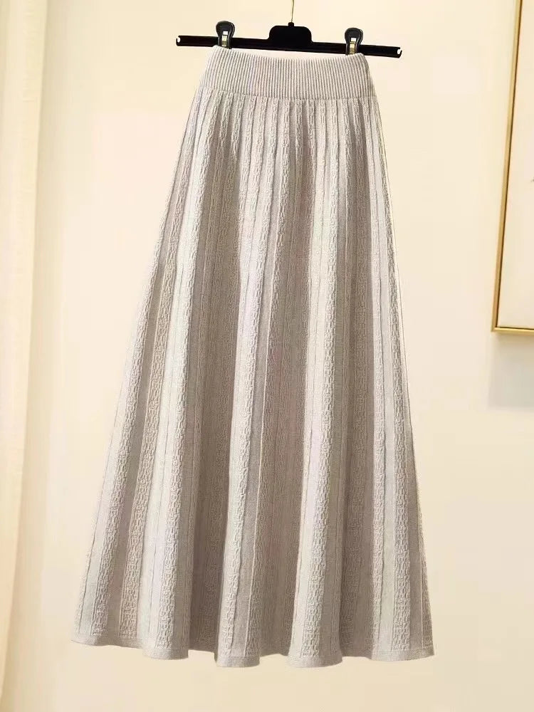 Autumn Winter New Elegant Slim Elastic High Waist A-line Skirt Solid Holiday Striped Big Swing Knitted Skirts Women Popular