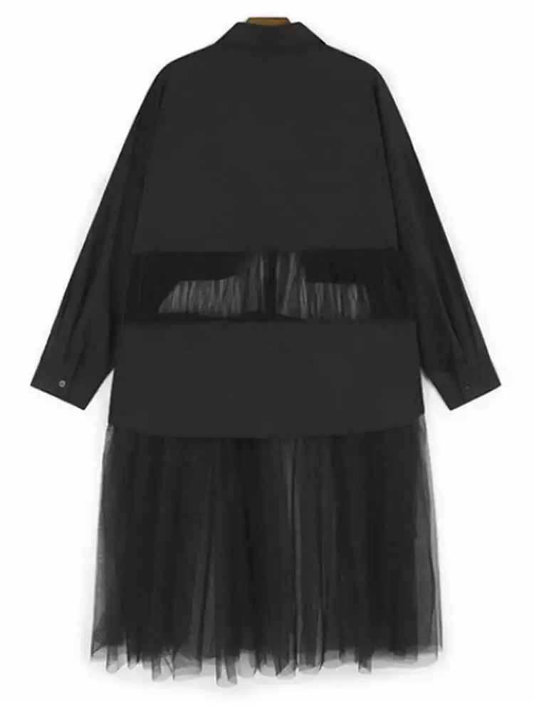 Women Black Mesh Perspective Big Size Midi Shirt Dress New Lapel Long Sleeve Fashion Tide Spring Autumn 2025 1DJ0140