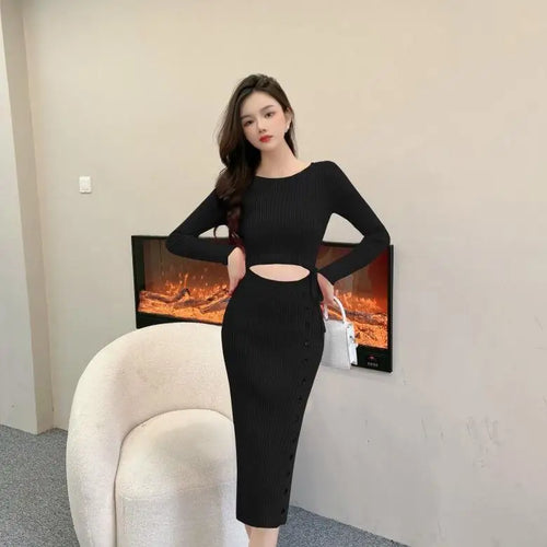 Load image into Gallery viewer, French Women Solid Elegant Festival Hollow Out Knit Dress Autumn Long Sleeve Slim Fashion Drawstring Lace-up Wrap Hip Dress Chic
