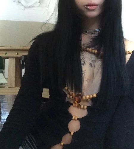 Japanese Y2k Hollow Out Tops Vintage Harajuku Beaded T Shirt 2000s Aesthetics Long Sleeve Slim T-shirts American Retro