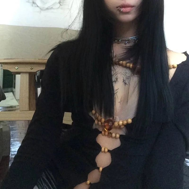 Japanese Y2k Hollow Out Tops Vintage Harajuku Beaded T Shirt 2000s Aesthetics Long Sleeve Slim T-shirts American Retro