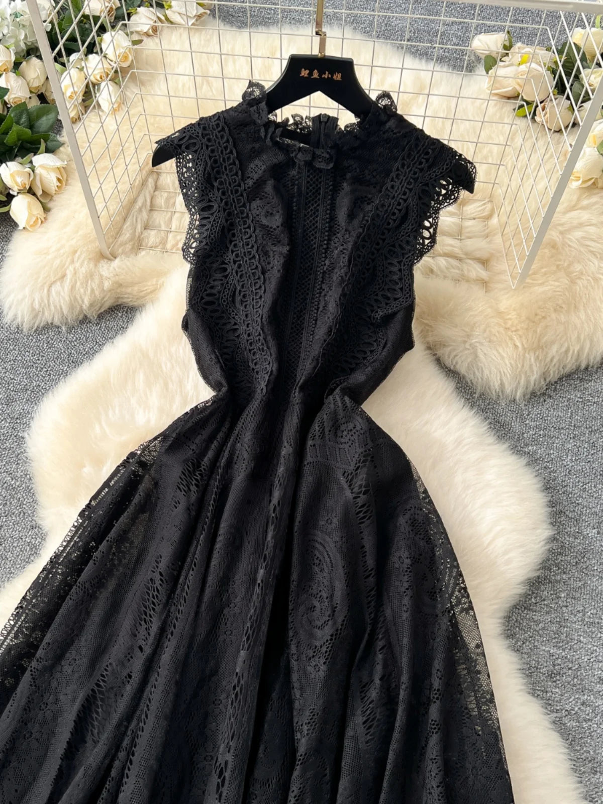 French Retro Romantic Women's Black Lace Elegant Sleeveless Long Dress Summer White Sexy Slim Ruffles Evening Party Fairy Dress