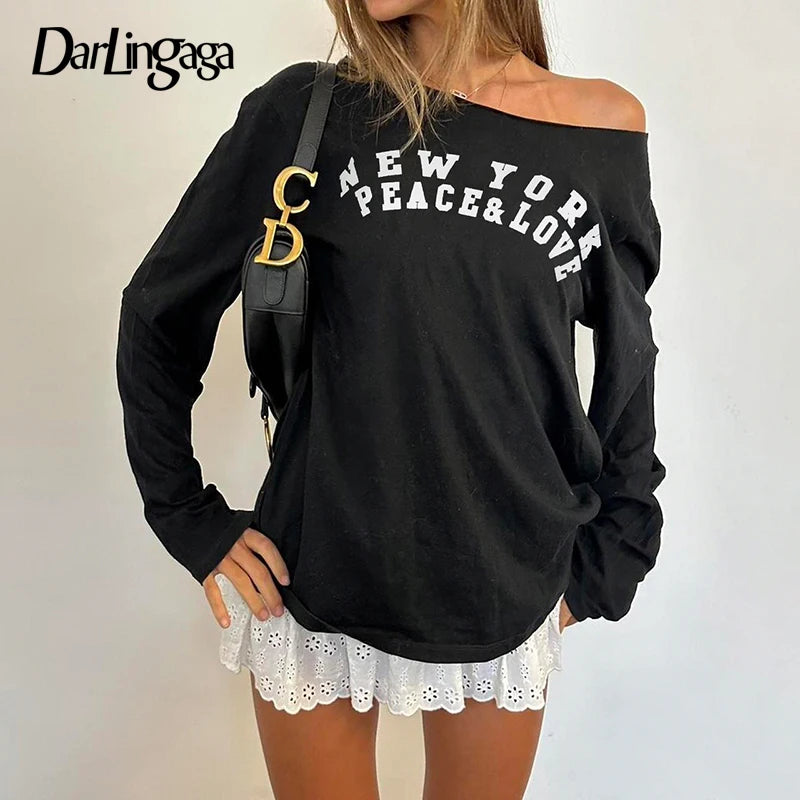 Chic Skew Collar Letter Printed Autumn Women T-shirt Casual Loose Black All Match Knitted Top Tee Harajuku Pullovers