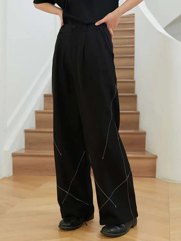 High Waist Black Topstitched Long Casual Pants New Loose Fit Trousers Women Fashion Tide Spring Autumn 2025 1DH0081
