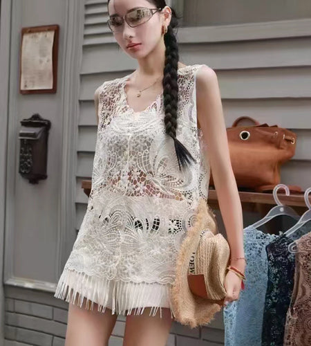 Solid Hollow Out Loose T Shirts For Women O Neck Sleeveless Minimalist Casual Spliced Tassel T Shirts Female New