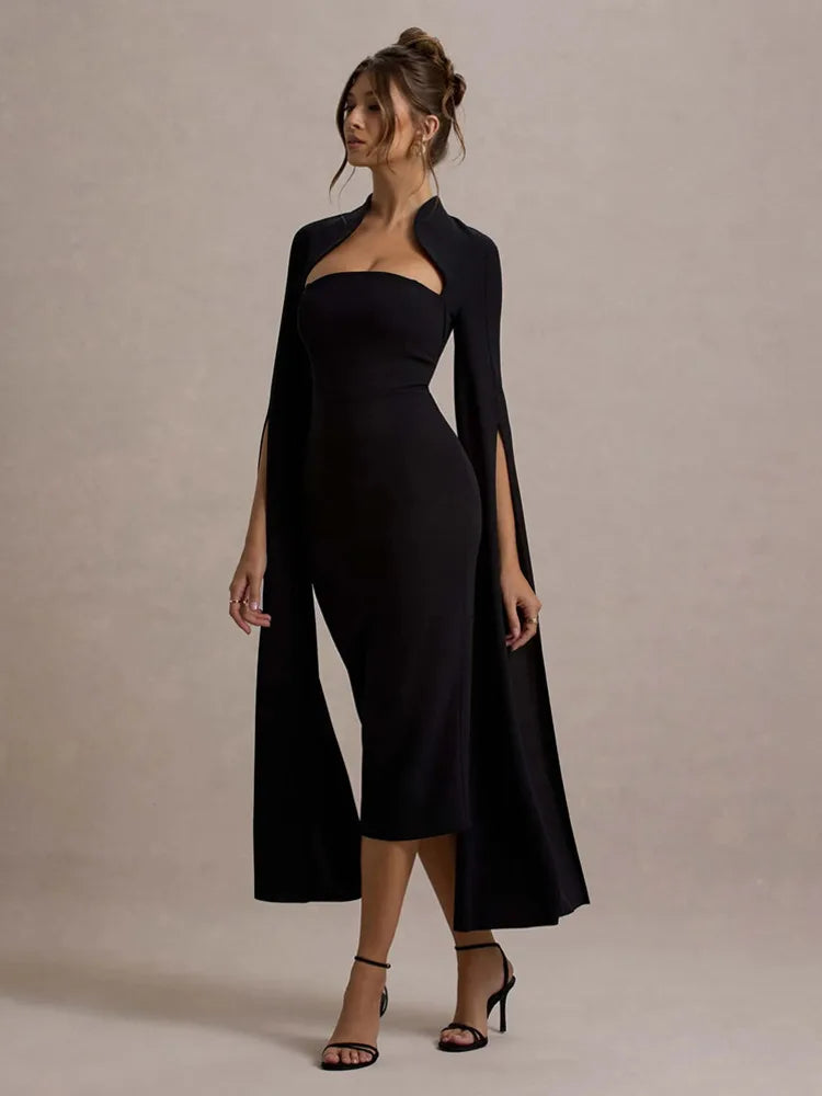 Elegant Long Sleeved Elastic Tight Dress For Women Autumn/Winter 2025 New Dress Sexy Long Slit Party Club Evening Dress