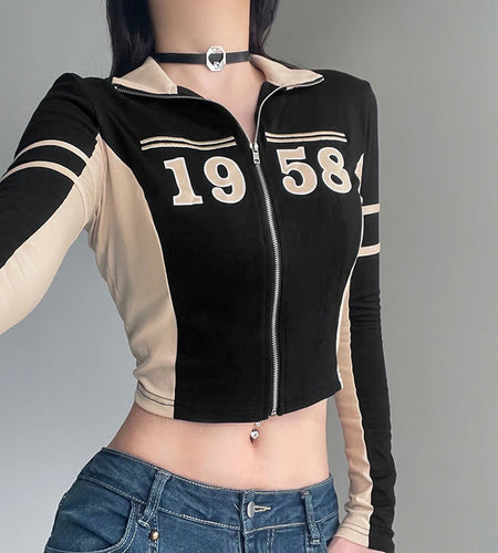 Harajuku Patchwork Zip Up Autumn Jacket Female Sporty Casual Digital Skinny Turtleneck Coat Moto&Biker Style Outwear