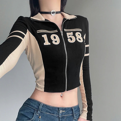 Load image into Gallery viewer, Harajuku Patchwork Zip Up Autumn Jacket Female Sporty Casual Digital Skinny Turtleneck Coat Moto&amp;Biker Style Outwear
