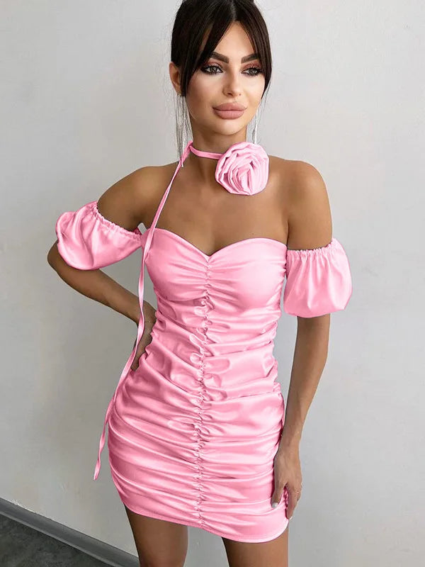 Sexy Sleeveless Satin Pleated Dress For Women's Summer 2024 New Floral Strapless Slim Fitting Dress Party Evening Dress