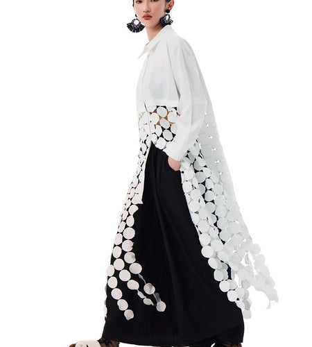 Women White Dot Tassels Hollow Out Midi Big Size Shirt Dress New Lapel Long Sleeve Fashion Tide Spring Autumn 2025 1DH9464