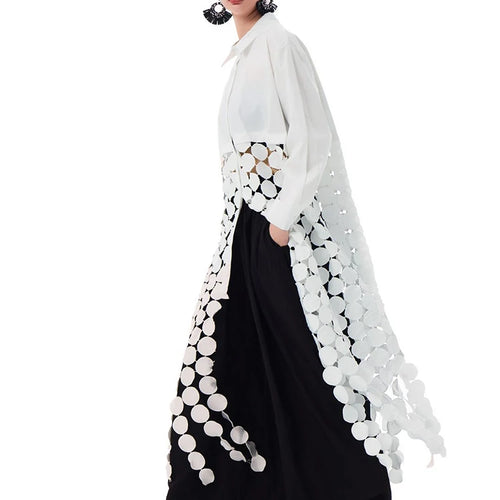 Load image into Gallery viewer, Women White Dot Tassels Hollow Out Midi Big Size Shirt Dress New Lapel Long Sleeve Fashion Tide Spring Autumn 2025 1DH9464
