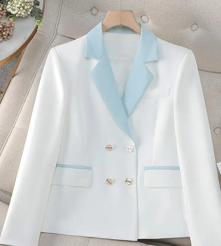 Spring Autumn Blue White Patchwork Office Festival Short Blazer Jackets 2025 Vintage Elegant Ladies Double Breasted Tops Popular