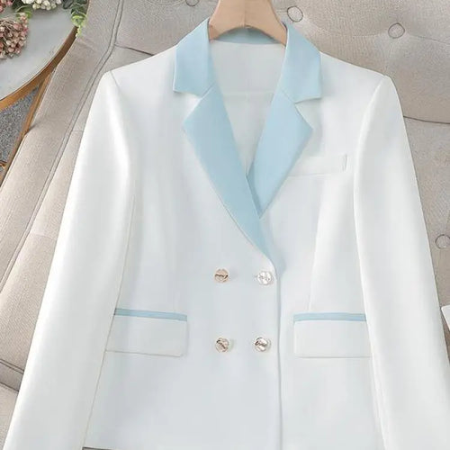 Load image into Gallery viewer, Spring Autumn Blue White Patchwork Office Festival Short Blazer Jackets 2025 Vintage Elegant Ladies Double Breasted Tops Popular
