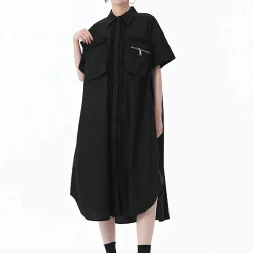 Load image into Gallery viewer, Women White Mesh Color-block Big Size Midi Shirt Dress New Lapel Short Sleeve Fashion Tide Spring Summer 2025 1DJ0003
