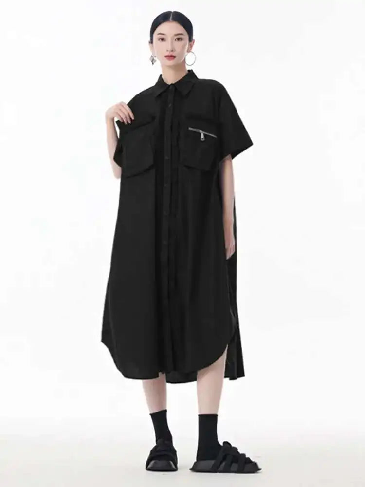 Women White Mesh Color-block Big Size Midi Shirt Dress New Lapel Short Sleeve Fashion Tide Spring Summer 2025 1DJ0003
