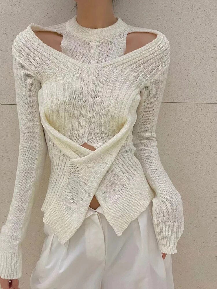 Solid Irregular Knitting Sweaters For Women Round Neck Long Sleeve Slimming Casual Sweater Female Fashion Clothing