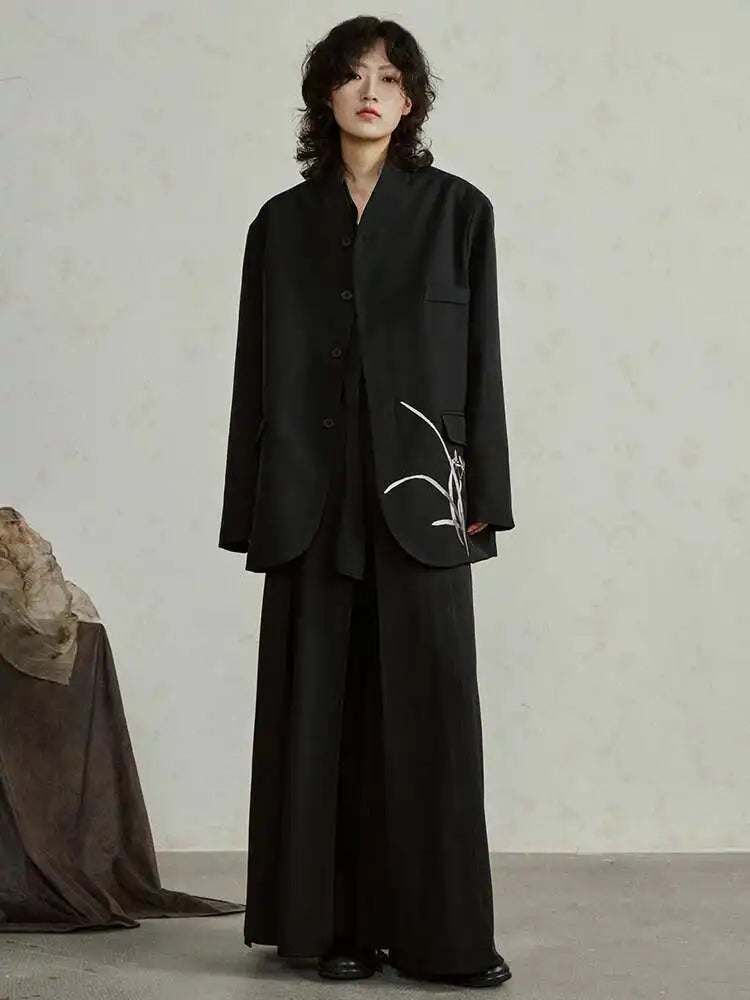 Women Black Embroidery Vintage Big Size Blazer New Stand Collar Long Sleeve Jacket Fashion Tide Spring Autumn 2025 1DH4322