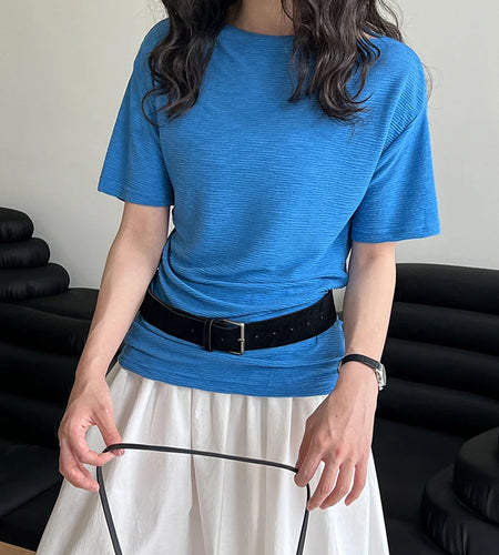 Women Blue Brief Belted Elegant Casual T-shirt New Slash Neck Short Sleeve Fashion Tide Spring Summer 2025 1DJ1475