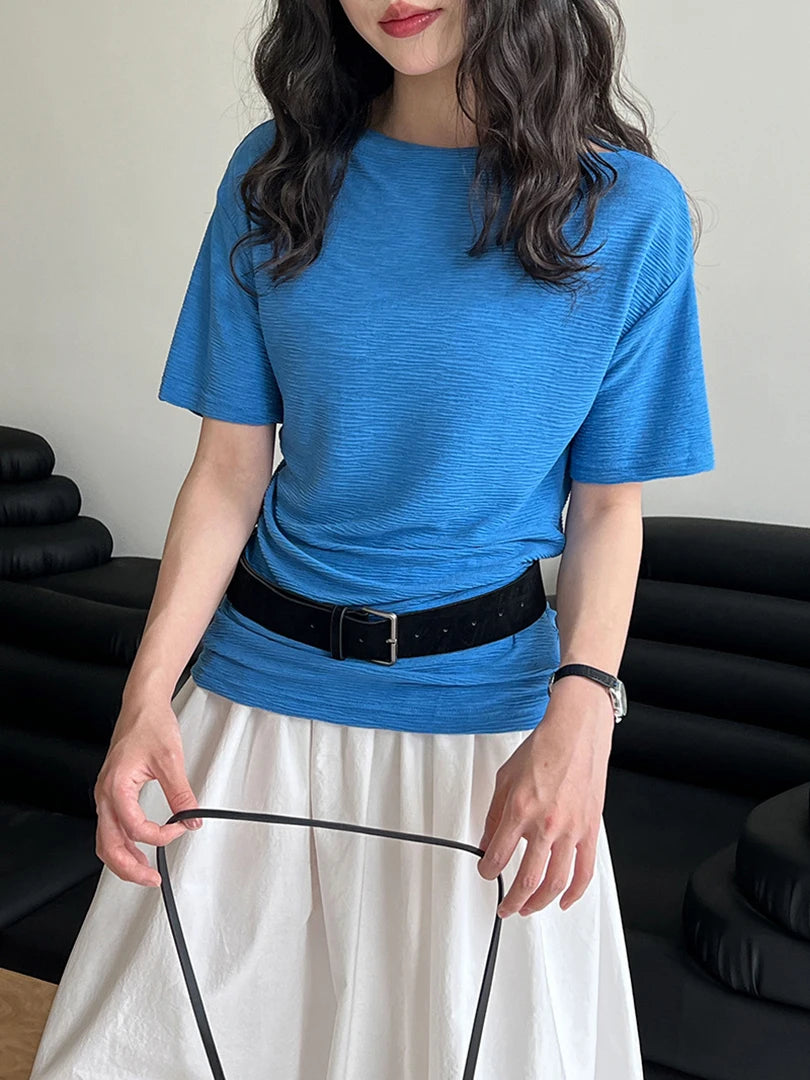 Women Blue Brief Belted Elegant Casual T-shirt New Slash Neck Short Sleeve Fashion Tide Spring Summer 2025 1DJ1475