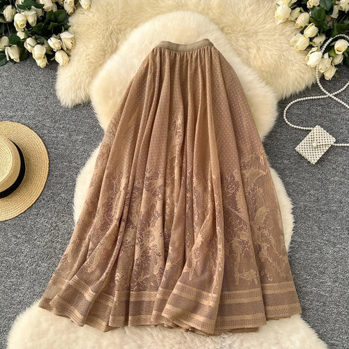 Load image into Gallery viewer, Vintage Elegant Women Black White Mesh High Waist Vacation Long Skirt Autumn Winter New Brown Pleated A-line Short Skirt Popular
