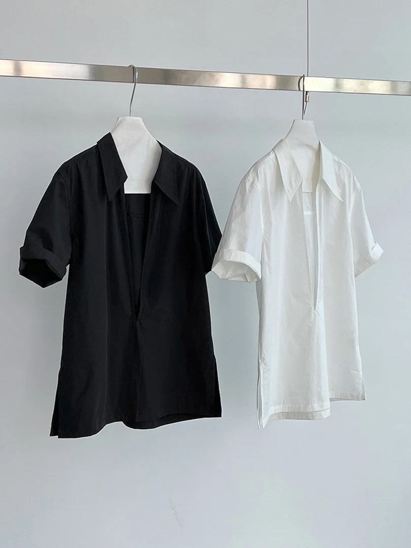 Women White Plain Color Thin Big Size Blouse New V-Neck Short Sleeve Shirt Fashion Tide Spring Summer 2025 1DJ1470