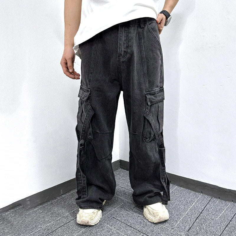Men's Jeans New American Style High Street Trendy Large Buckle Pockets Decoration Cargo Denim Pants Summer Tide 9W1867
