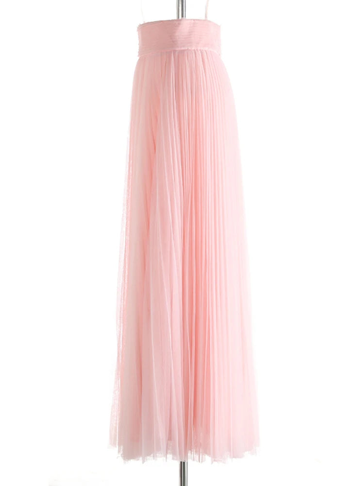 High Elastic Waist Rose Red Mesh Pleated Elegant  A-line Half-body Skirt Women Fashion Tide New Spring Autumn 2025 1DJ1079