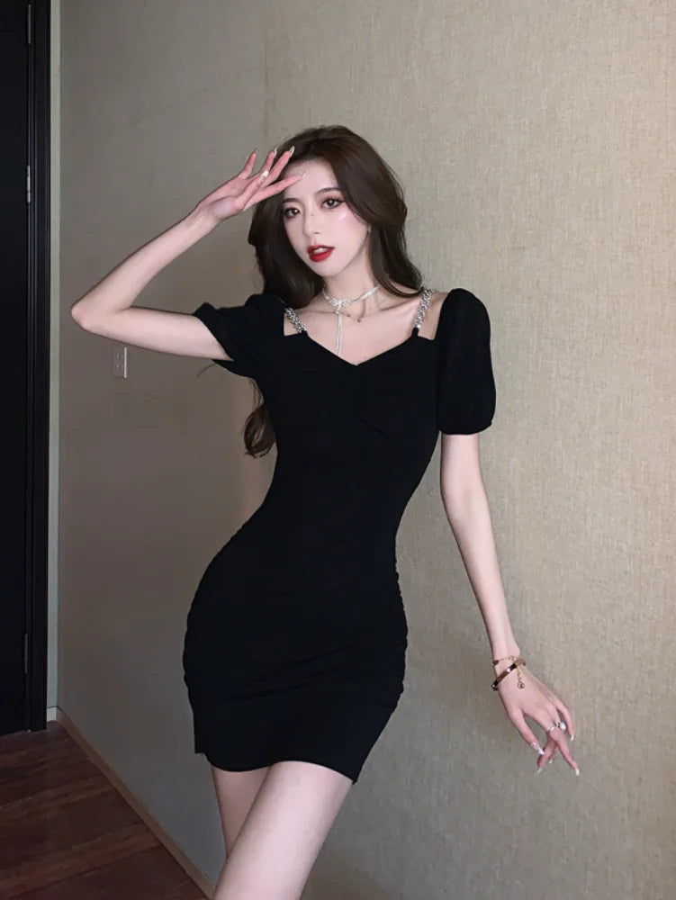 Sexy Black Bodycon Dress Summer Night Club Party Korean Fashion Kpop Off Shoulder Mini Short Dresses Summer Sundress