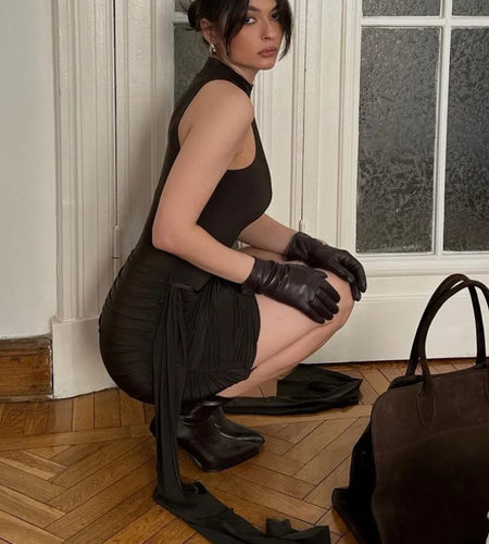 Elegant Sleeveless High Neck Elastic Slim Lace Up Dress Women Tight Party Club Evening Dress Elegant Short Dress Vestido