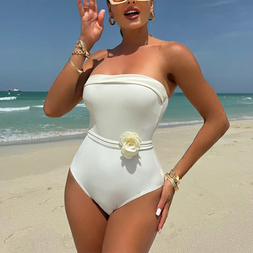 Load image into Gallery viewer, White 3D Flower Women One Piece Swimsuit 2025 Female Swimwear Bandeau Monokini Swimming Suit High Waist Beachwear
