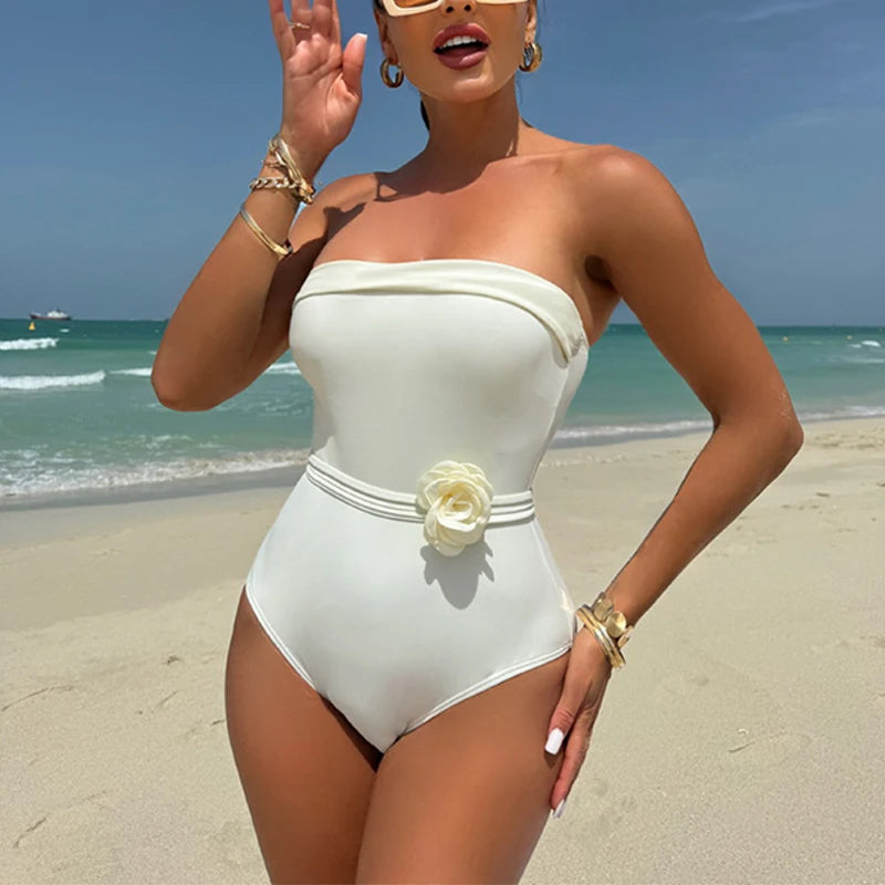 White 3D Flower Women One Piece Swimsuit 2025 Female Swimwear Bandeau Monokini Swimming Suit High Waist Beachwear