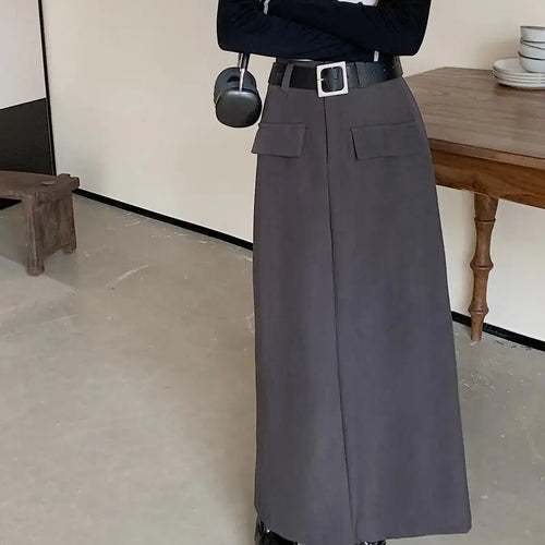 Load image into Gallery viewer, Fashion Black Belt Suit Long Skirt Women Y2k Spring Autumn Brown High Waist Skirts Female 2023 New Grey Casual Skirt Streetwear
