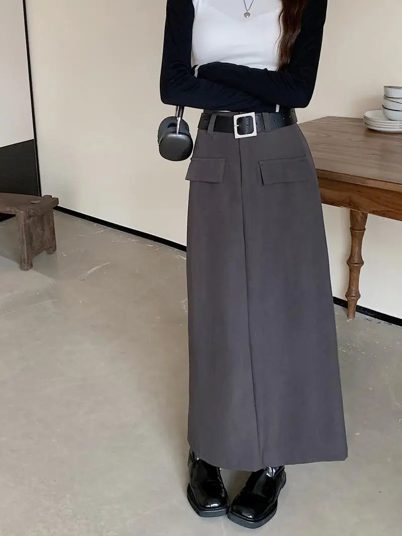 Fashion Black Belt Suit Long Skirt Women Y2k Spring Autumn Brown High Waist Skirts Female 2023 New Grey Casual Skirt Streetwear