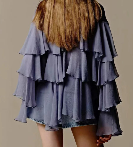 Loose Sheer Spliced Ruffles Causal Blouses for Women Round Neck Long Sleeves Patchwork Lace Up Blouse Female New