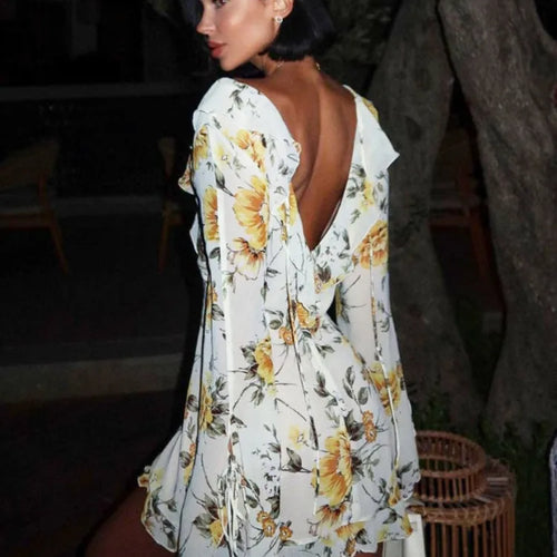 Load image into Gallery viewer, Sexy Long Sleeve Flower Deep V-neck Print Backless Mini Dress For Women Slim Lace-Up Club Party Dress Ladies Outfits
