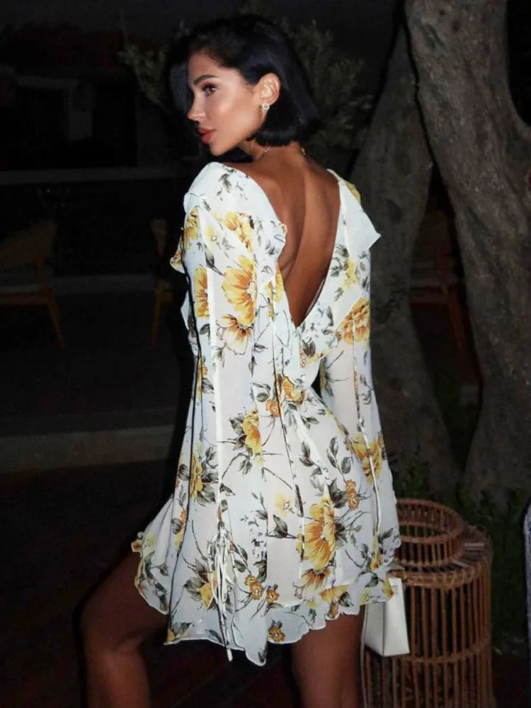 Sexy Long Sleeve Flower Deep V-neck Print Backless Mini Dress For Women Slim Lace-Up Club Party Dress Ladies Outfits
