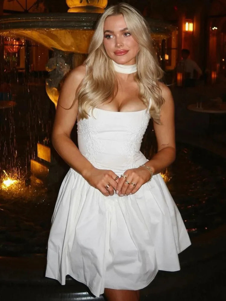 Backless Lace-up A-line Sexy Mini Dress For Women Fashion Spaghetti Strap Sleeveless Loose Club Party Dress Elegant