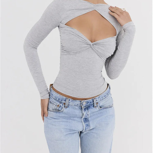 Load image into Gallery viewer, Sexy Hollow Out Long Sleeved Women Top Pleated Elastic Tight Fitting T-shirt Fashionable Street Casual Clothing Female
