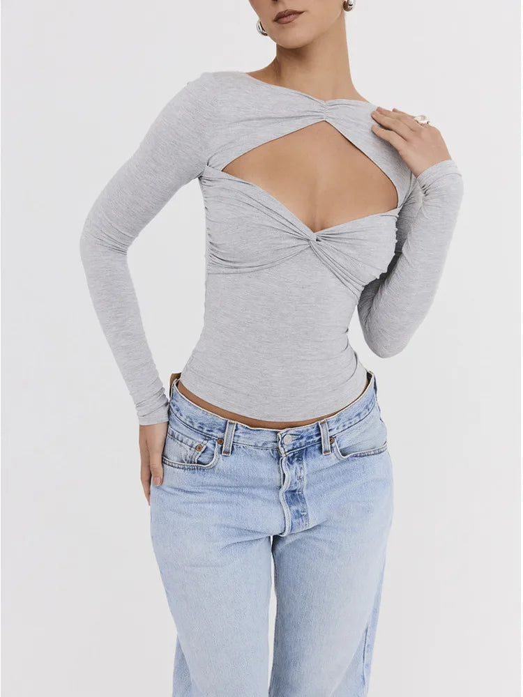 Sexy Hollow Out Long Sleeved Women Top Pleated Elastic Tight Fitting T-shirt Fashionable Street Casual Clothing Female
